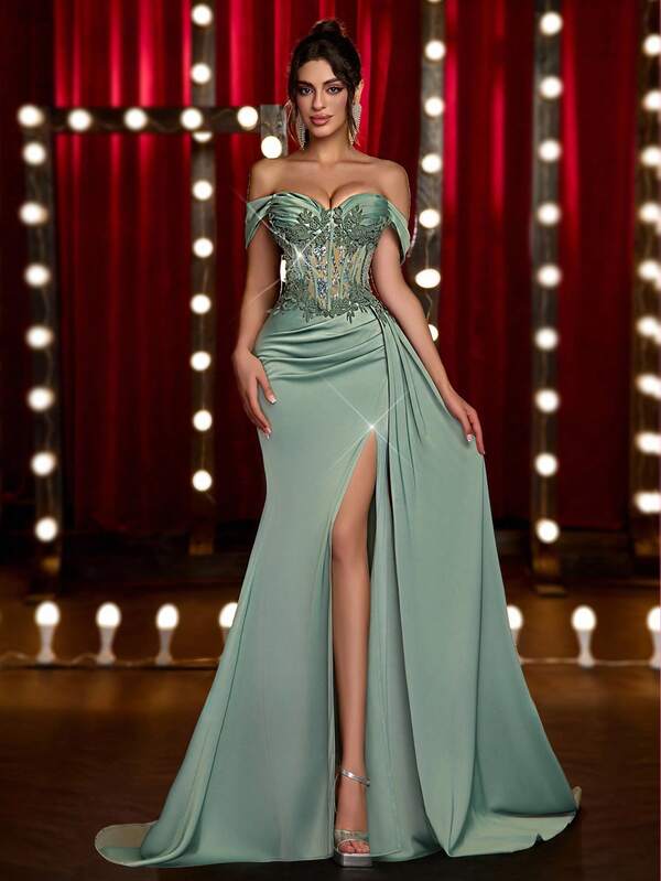 Glamrae Elegante y lujosa falda de satén con aplicaciones de encaje verde, lentejuelas y drapeado en el bajo, con abertura lateral tipo sirena, adecuada para fiestas, galas y ocasiones formales