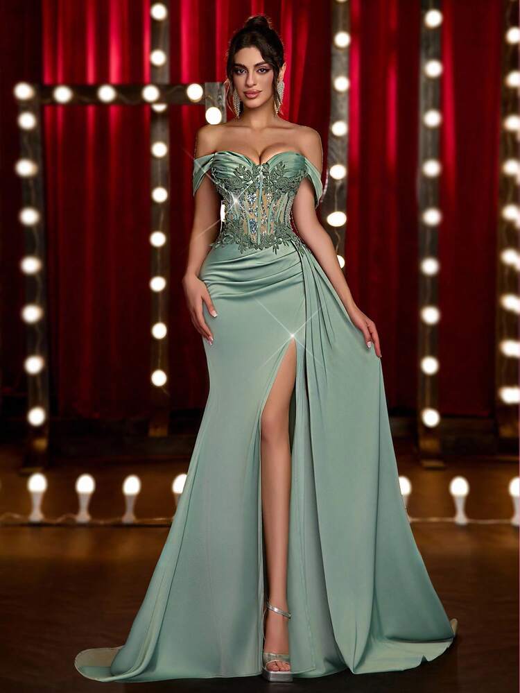 Glamrae Elegante y lujoso vestido de noche con encaje verde, lentejuelas, parches de satén, apliques hechos a mano, abertura sexy y cola de pez con dobladillo drapeado, adecuado para fiestas, galas, ocasiones formales y el Día de San Valentín - Verde hierba - Añade 1