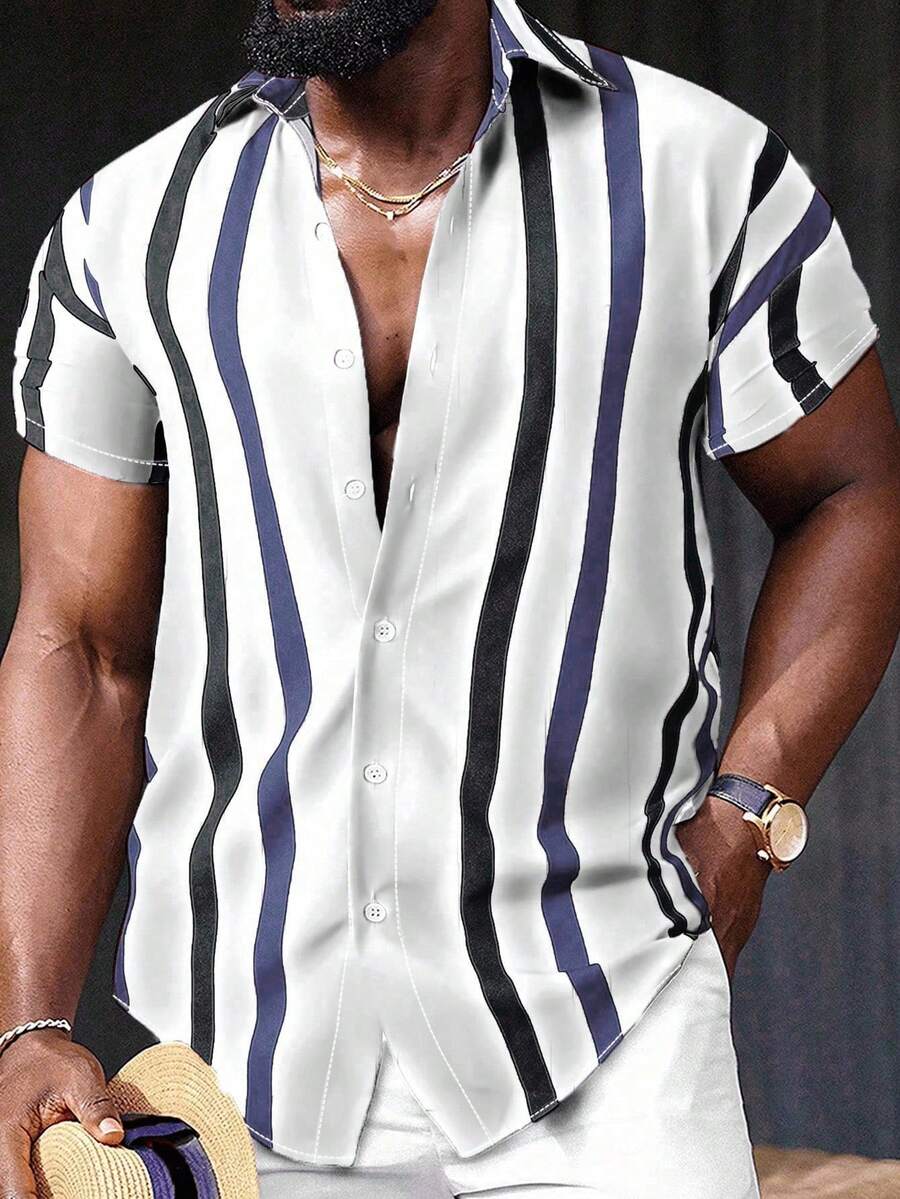 Manfinity Homme 男士休闲条纹短袖夏季衬衫，时尚沙滩度假装，男士俱乐部装，男士竖条纹衬衫 - 彩色 - 查看 1