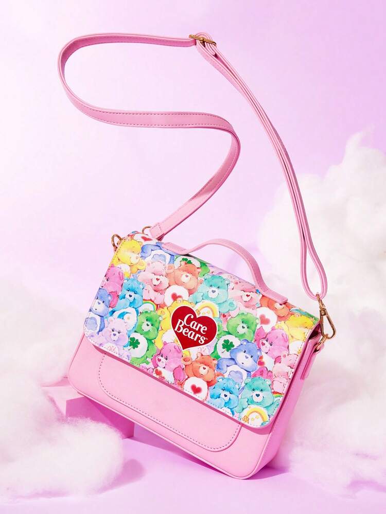 SHEIN X Care Bears 1 件卡通印花 PU 皮革手提包，配有可调节肩带，大容量，适合通勤、学校、周末旅行、活力可爱、包包、学院风、欢呼熊、熊、分享熊 - 粉色 - 查看 3