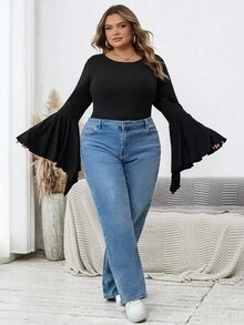 SHEIN CURVE+ Plus-Size Women's Black Long-Sleeved Flared-Sleeve Fitted Top, Dark Style/Fall/Winter - Black - View 2