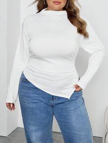 SHEIN CURVE+ Áo thun tay dài màu đen trắng cổ bẻ viền bất đối xứng 2 chiếc/bộ - Đen và trắng - Xem 8