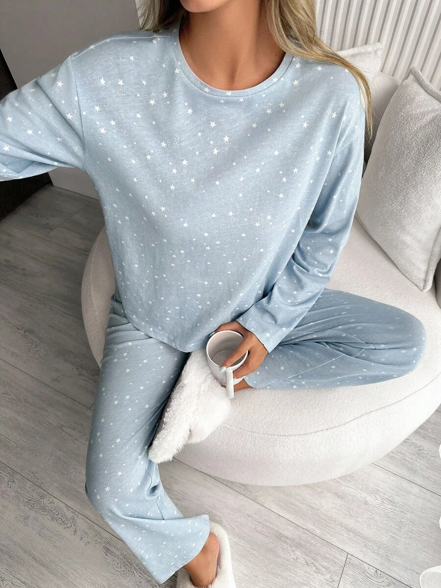 Set pigiama da donna Cottonline a 2 pezzi con motivo a stelle, carino per la casa