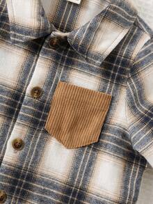 Cozy Pixies 2 件套男婴彩色格子领撞色口袋长袖开衫和纯色松紧腰九分裤套装