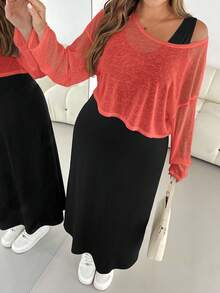 SHEIN Essnce Plus Size Women's Spring And Summer Fashion Casual Loose Comfortable Daily Breathable Light Sun Protection White Long-Sleeved Blouse And Black Vest Long Dress Two Pieces Set,Y2k Clothes,Street Wear,Matching Sets Women,Vacation Outfits Women,European Summer,Airport Outfits