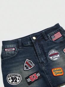 ROMWE Avant Vintage Distressed Retro Logo Denim Mini Skirt For Women - Blue - View 3