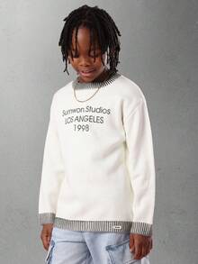 SUMWON Studios Los Angeles Vintage Style Pullover Sweatshirt Striped Ribbed Trim Casual Streetwear Classic Design Youth Fashion Fall Winter - White - View 1