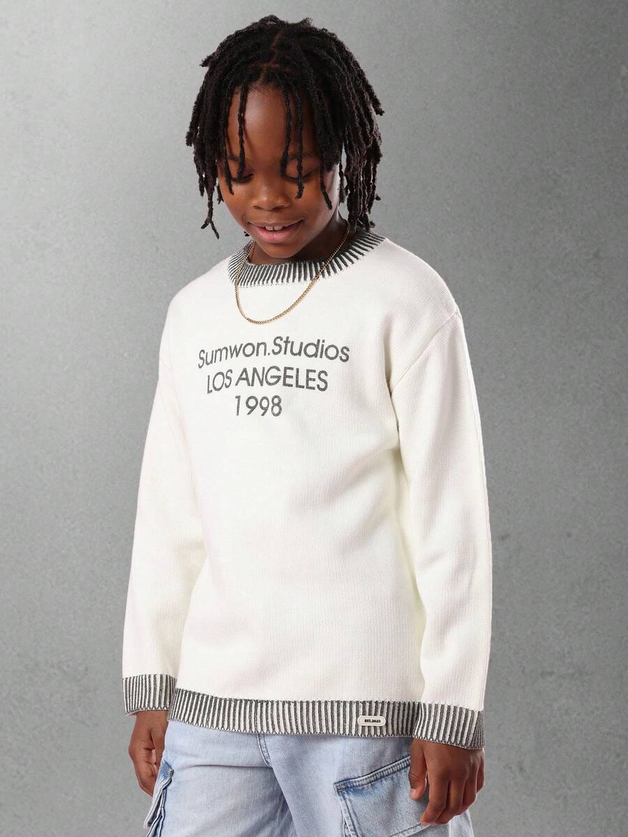 SUMWON Studios Los Angeles Vintage Style Pullover Sweatshirt Striped Ribbed Trim Casual Streetwear Classic Design Youth Fashion Fall Winter - White - View 1