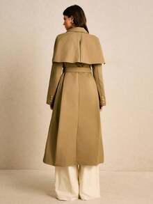 Poéselle 女士披肩式系带风衣 – 卡其色长款防风衣，轻松打造秋春叠穿造型。披肩式风衣，卡其色风衣，女士系带长款风衣，简约外套，低调奢华时尚，秋季必备胶囊衣橱单品。女士纯色口袋纽扣系带长袖风衣，适合冬季和圣诞节穿着。 - 卡其色 - 查看 6