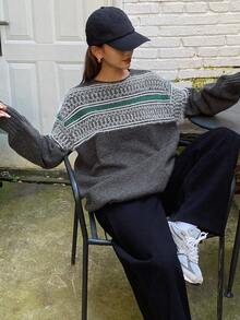 DAZY 女式撞色复古提花宽松圆领长袖休闲街头风格针织毛衣，秋冬 - 灰色 - 查看 6