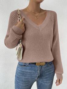 EMERY ROSE Áo len dệt kim dáng rộng cổ chữ V tay raglan màu trơn dành cho nữ, mùa thu - Bụi hồng - Xem 7