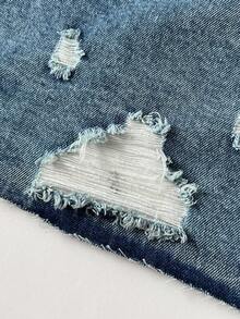 Elamini 破洞落肩袖短款牛仔夾克 - 淺色水洗藍 - 查看 7