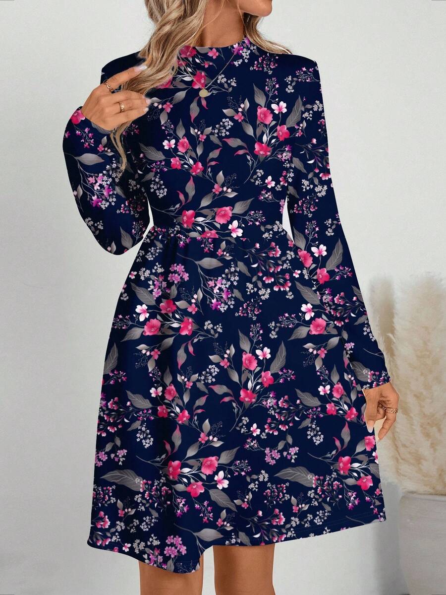 SHEIN LUNE 女款休閒復古花卉印花長袖洋裝,適合秋冬穿著的優雅花卉洋裝,女款秋季洋裝,女款冬季洋裝 - 彩色 - 查看 1