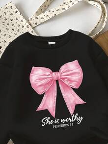 女婴时尚可爱蝴蝶结装饰黑色圆领长袖卫衣，女婴黑色抓绒套头衫，女婴蝴蝶结套头衫，女婴休闲卫衣，女婴秋冬季保暖内衬卫衣，6个月-3岁女婴秋季卫衣，女婴服装，黑色粉色蝴蝶结卫衣，黑色卫衣，女婴服装 - 彩色 - 查看 5