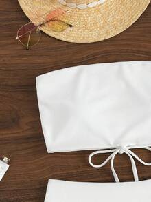 Swim Basics Bãi biển mùa hè Sườn-Đan Bikini Set Ren Up Bandeau Áo Bra Top & Bikini Eo Cao Đáy 2 Mảnh Bikini - trắng - Xem 6