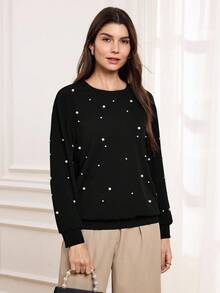 Miaspire Drop Shoulder Faux Pearls Beaded Pullover,Long Sleeve Tops - Black - View 4