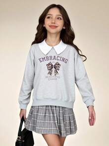 SHEIN Explorewe 2 件女童时尚休闲长袖可爱公主领蝴蝶结印花运动衫，柔软面料上衣和百搭褶皱格子裙，适合圣诞节、万圣节、秋季 - 灰色 - 查看 7