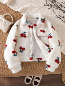 Girls' Cherry Pattern Fuzzy Jacket Fall Winter - Multicolor - View 6