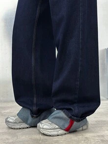 EURMUSE WOMEN LOW WAIST WIDE LEG JEANS RED EMRIODERY AND STICH DETAIL - Dark Wash - View 7