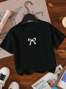 SHEIN Tween Girl Casual Stylish Cute Bow Print Short Sleeve Round Neck T-Shirt - Black - View 4