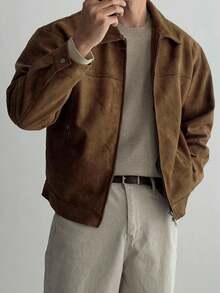 DAZY Men's Solid Brown Suede Faux Fur Jacket, Autumn