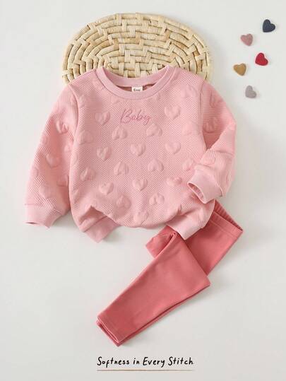 Cozy Pixies 2pcs Baby Girl Letter Pattern Knit Soft Heart Texture Crew Neck Long Sleeve Pullover Sweatshirt And Solid Color Elastic Waist Leggings Set Fall Winter