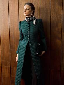 Arave 女式长款绗缝菱形格纹收腰泡泡袖夹克，秋冬 - 墨綠色 - 查看 4