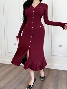 DAZY 女士优雅纯色V领毛衣连衣裙，秋季红色女士连衣裙情人节 - 酒紅色 - 查看 5