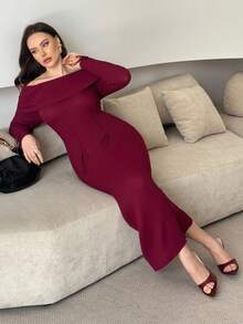 Modelyn 秋季大码女式纯色露肩长袖系带设计修身优雅针织连衣裙 - 酒紅色 - 查看 7