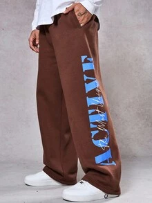 DAZY 男士秋季字母印花保暖内衬慢跑裤，街头风 - 棕色 - 查看 5