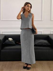 DAZY 2pcs Women's Elegant Solid Color V-Neck Sleeveless Crop Top With Bow Decor & Straight Hem Midi Skirt Suit Set, Autumn/Winter Lounge Sets For Women - Grey - View 5