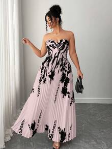 Elenzga Vestido de verano elegante con estampado floral y drapeado para tallas grandes - Rosa coral - Ver 4