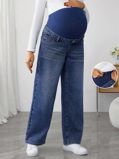 SHEIN Jeans holgados de cintura alta con bolsillos para maternidad