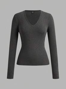 SHEIN EZwear 3 件套女士深 V 领修身休闲长款基本款保暖内衬长袖 T 恤套装，适合秋冬季 - 彩色 - 查看 4