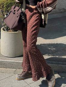 FRIFUL Pantalon évasé à fleurs marron pour femmes avec décoration de volants, casual et polyvalent, tenues d'automne pour les vacances des femmes - Multicolore - Voir 5