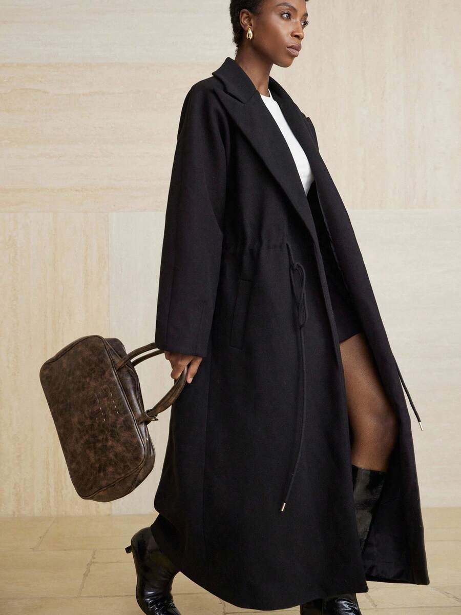 Aveloria Modichic 高端大腿长款大衣，带侧袋，设计优雅 - 黑色 - 查看 1
