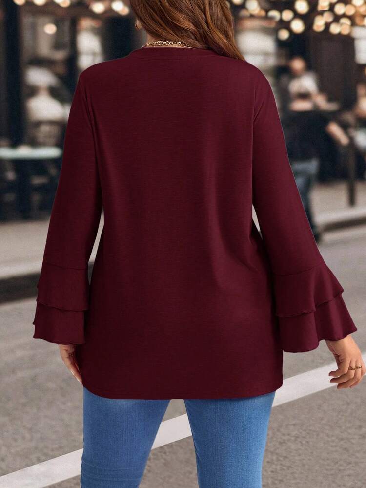 Plus Size Winter Women Casual Purple Bell Sleeve Side Slit T-Shirt