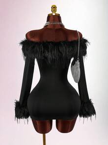 Y2K Amplova BLACK Christmas New Year Thanksgiving Party Women's Solid BLACK Color Faux Fur Off Shoulder Long Sleeve Fitted Fashionable Mini Dress
