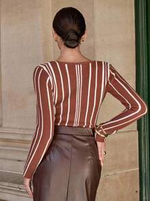 Lavishia Suéter de mujer de manga larga a rayas con diseño calado y ajustado, de moda para el otoño - Negro - Ver 2