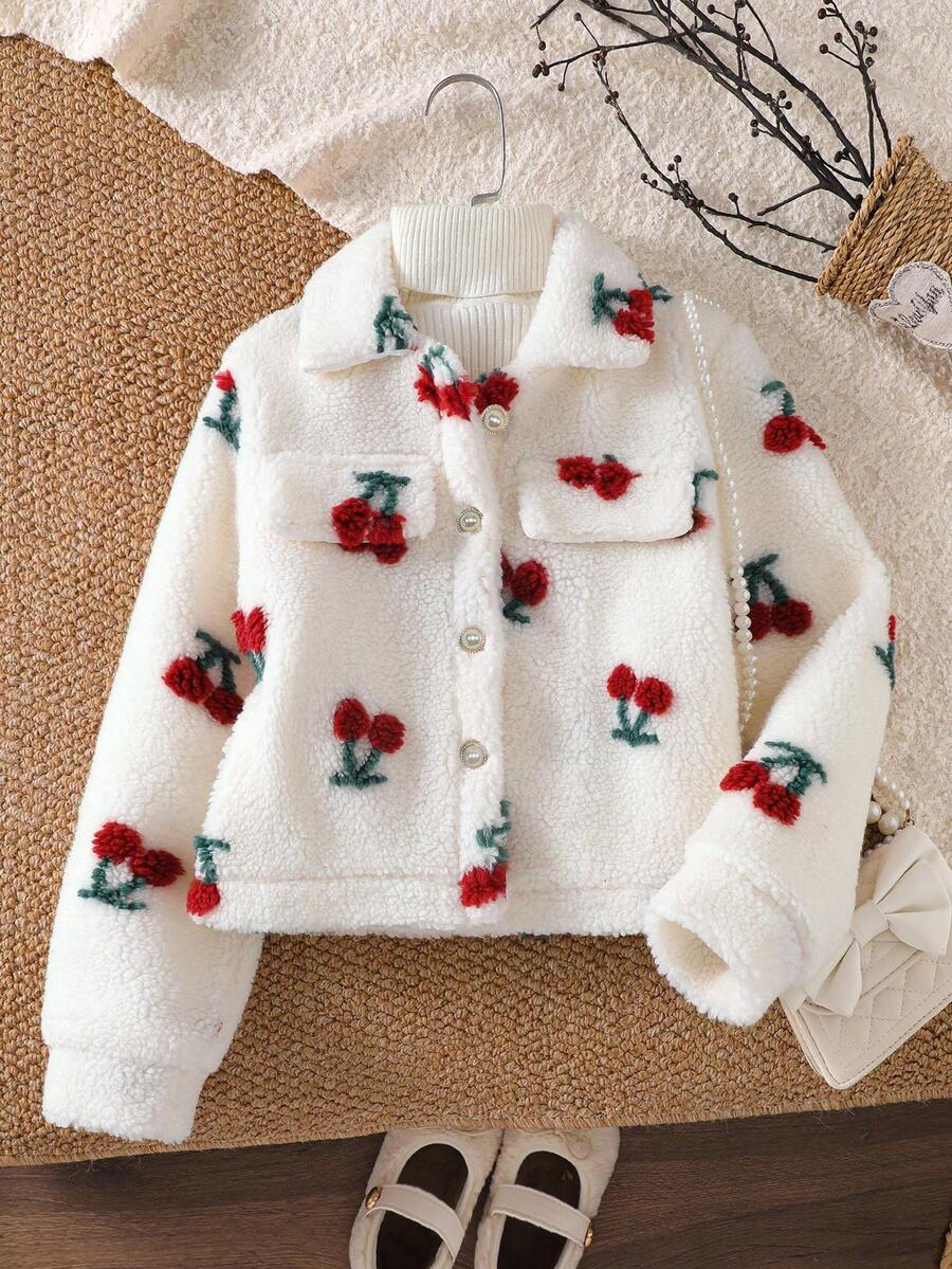 Girls' Cherry Pattern Fuzzy Jacket Fall Winter - Multicolor - View 1