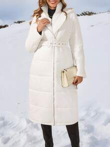 Ellevyn 女士厚白色夹克，带口袋，金属拉链，优雅日常穿着，秋冬 - 白色 - 查看 2