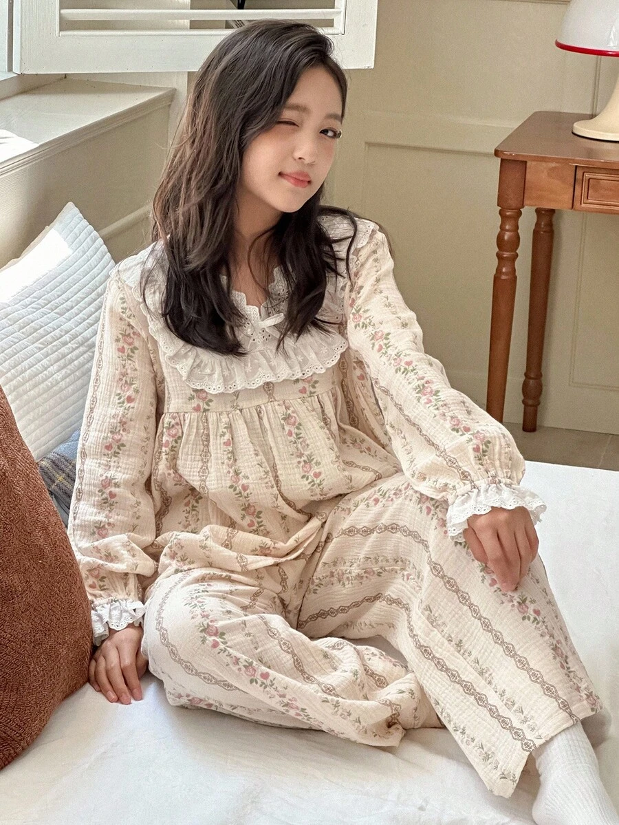 DAZY 女童碎花V领长袖睡衣套装 - 杏色 - 查看 1