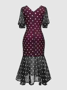 SHEIN Clasi Váy đuôi cá chấm bi đen trắng tay lửng cỡ lớn dành cho nữ - màu đen - Xem 2