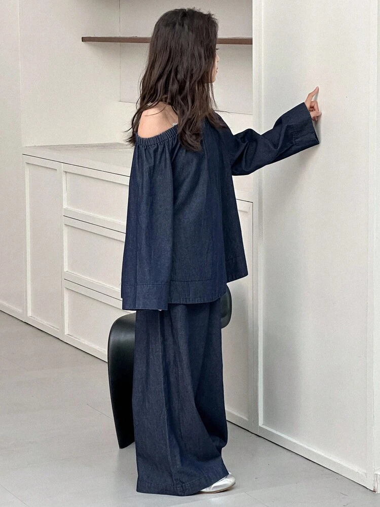 Girls Daily Denim Off Shoulder Top & Pants Set