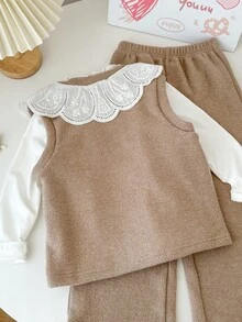 Genkimix Kids Genkimix 女童荷叶边领纯色上衣 + 碎花领装饰休闲纽扣背心 + 纯色直筒裤 3 件套