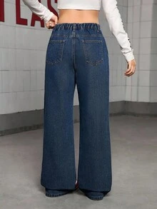 少女 Y2K 风格水洗蓝色宽松休闲牛仔裤，直筒裤，适合日常时尚