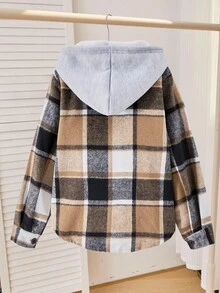 SHEIN Explorewe 男童时尚休闲格子口袋连帽夹克，适合外出、上学、居家、郊游，适合搭配牛仔裤、运动裤、T 恤 - 棕色 - 查看 3