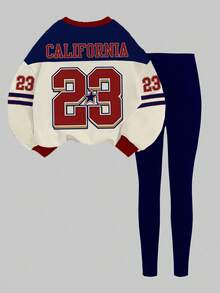 SHEIN 2pcs/Set Teen Girls Casual Retro American Style Letter & Number Badge Graphic Crew Neck Long Sleeve Sweatshirt And Leggings, Sporty College Style, Suitable For Autumn/Winter Fall - Multicolor - View 3