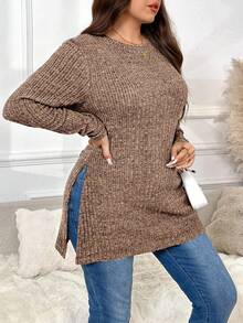 SHEIN Frenchy T-shirt à manches longues décontracté à col rond, manches raglan et côtes avec fente, taille grande - Marron - Voir 3