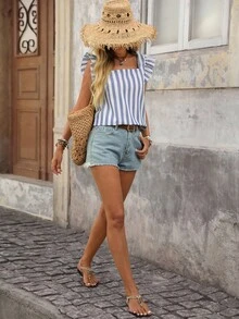 Brillora Striped Ruffle Trim Blouse - Blue and White - View 2